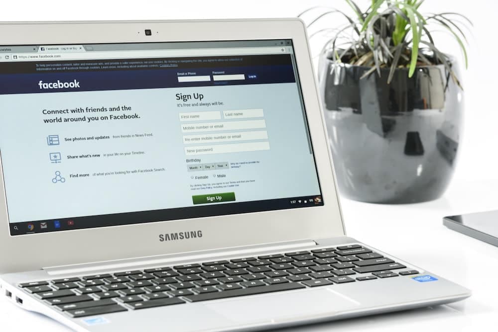 Laptop displaying Facebook sign-up page with green plant on desk