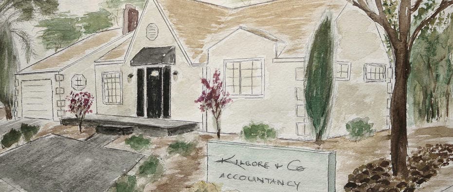 Watercolor painting of white house with accountancy business sign