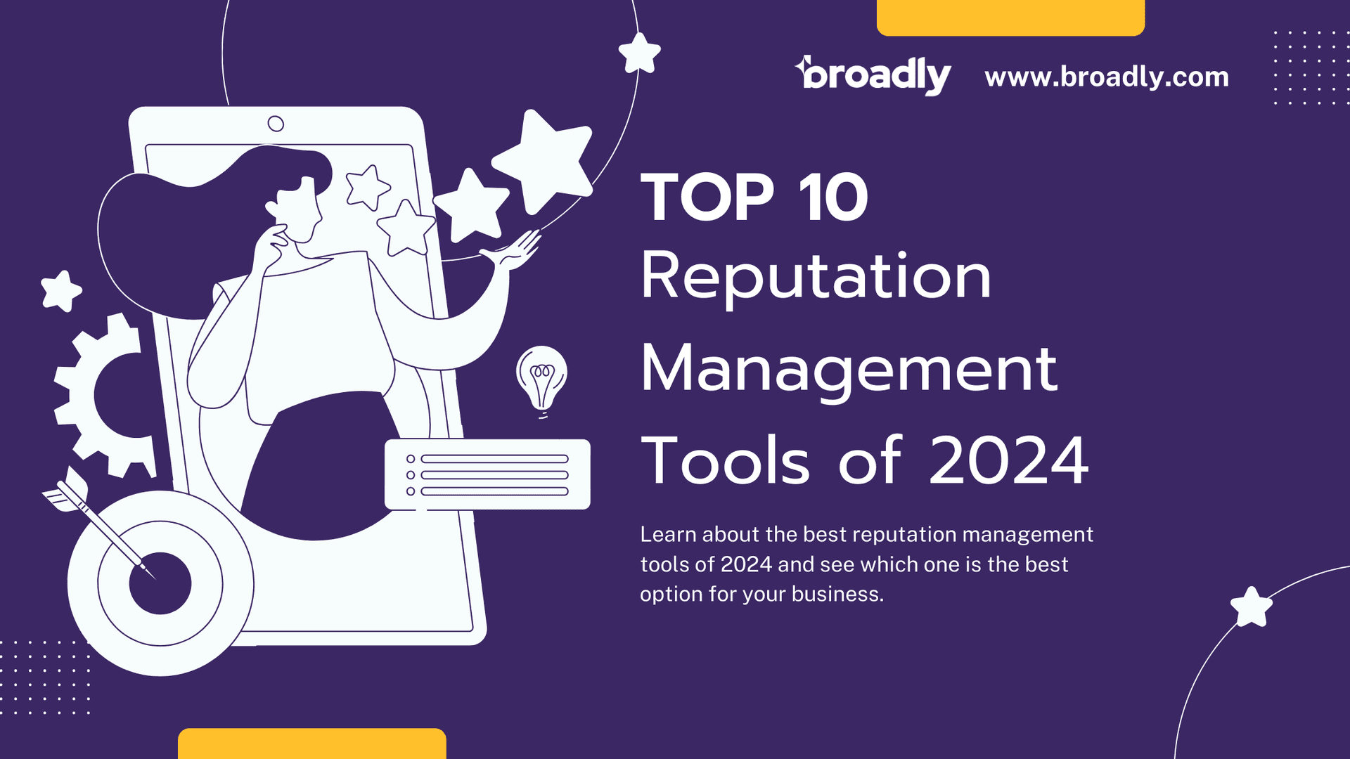 Blog banner: TOP 10 Reputation Management Tools of 2024 with stars and gears