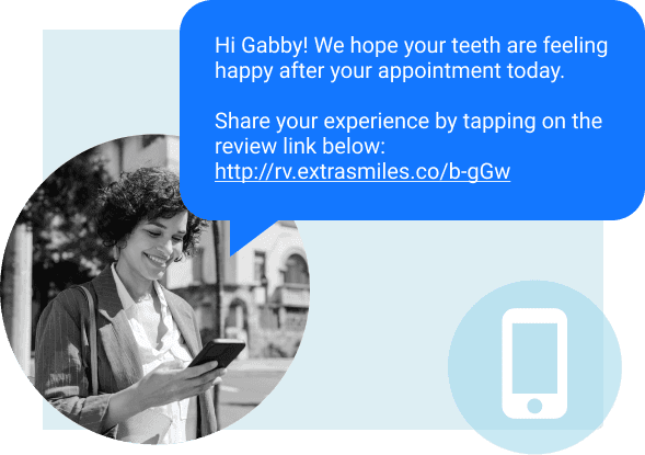 SMS review request message sent after dental appointment with patient name and review link