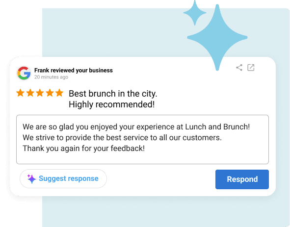 Five-star Google review card displayed with business rating details