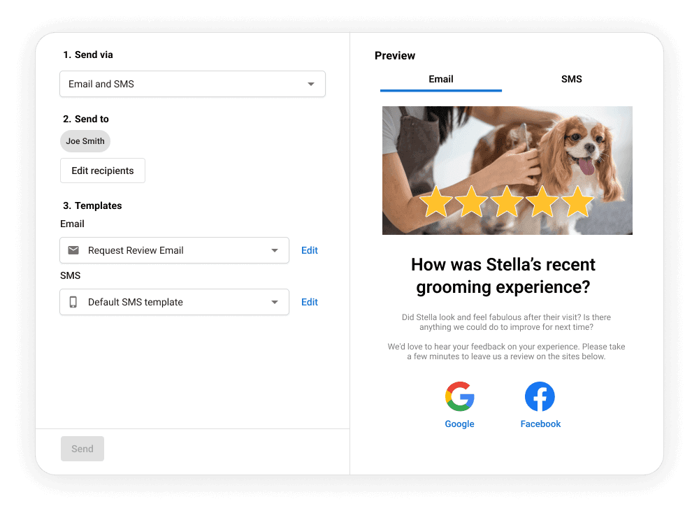 Review request email template with dog grooming photo, five-star rating, and Google and Facebook links