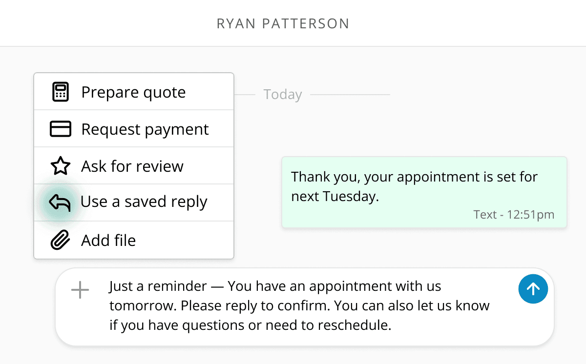 Business messaging interface showing saved reply option for customer communication