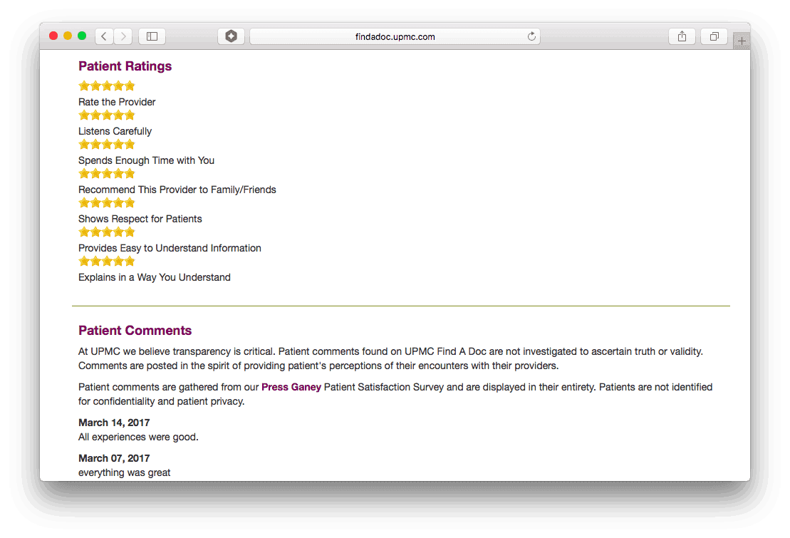 Patient ratings page with five-star reviews and patient comments