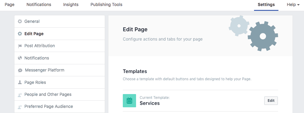 Facebook page settings showing Edit Page and Services template options