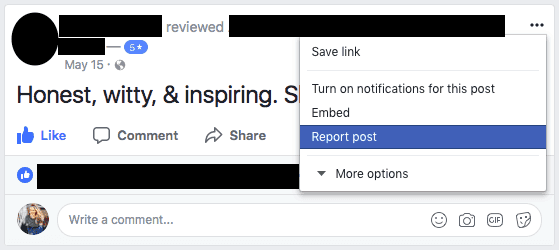 Facebook 5-star review post with its dropdown menu open, Report post option highlighted