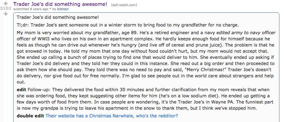 Reddit post describing Trader Joe's delivering free food to elderly person during winter storm