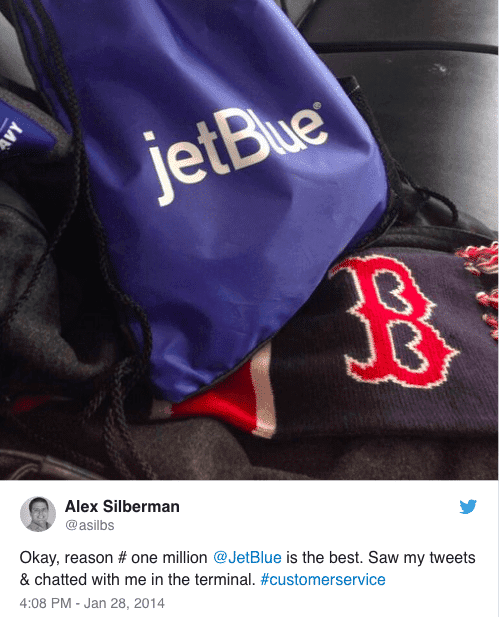 JetBlue branded item with tweet from customer praising exceptional customer service experience