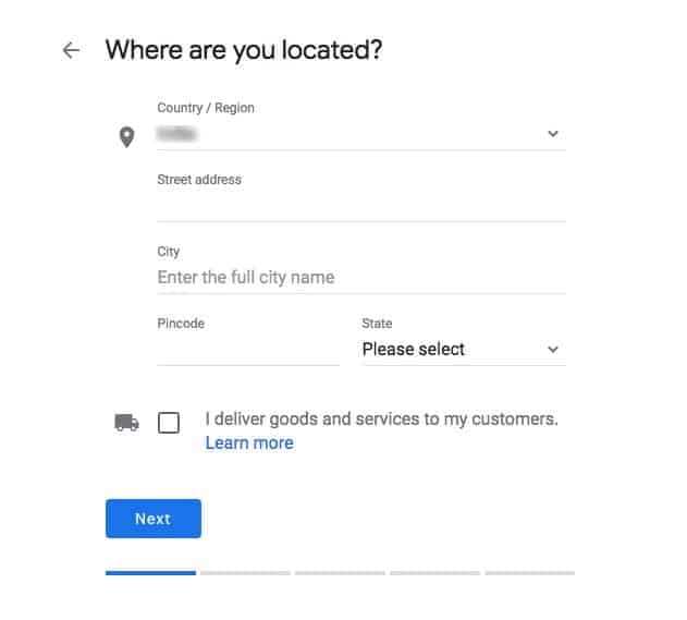 Google My Business location form with address fields and delivery option