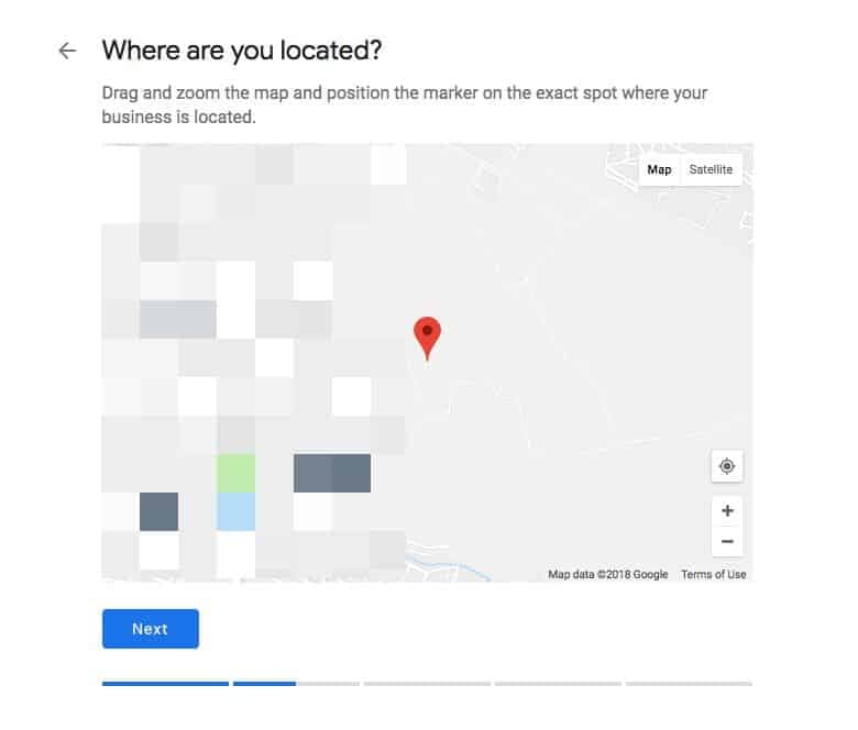Google My Business location setup with interactive map and marker positioning