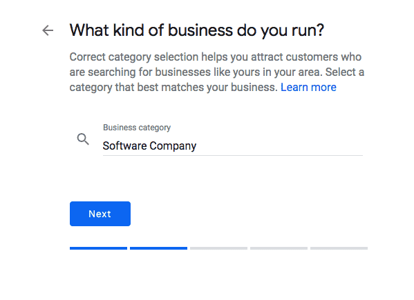 Google My Business business category selection form showing Software Company