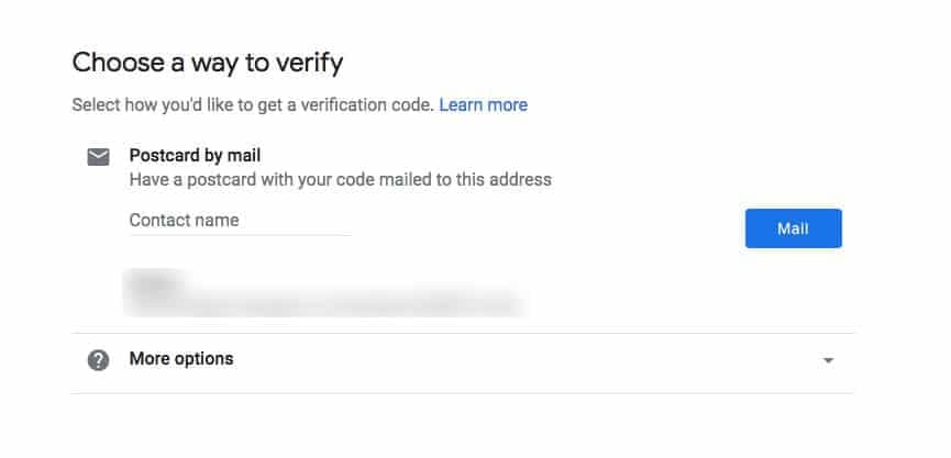 Google My Business verification method selection with postcard by mail option