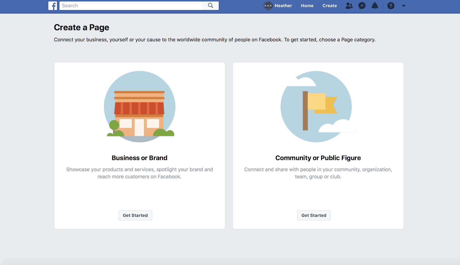 Facebook Create a Page dialog showing Business/Brand and Community/Public Figure options
