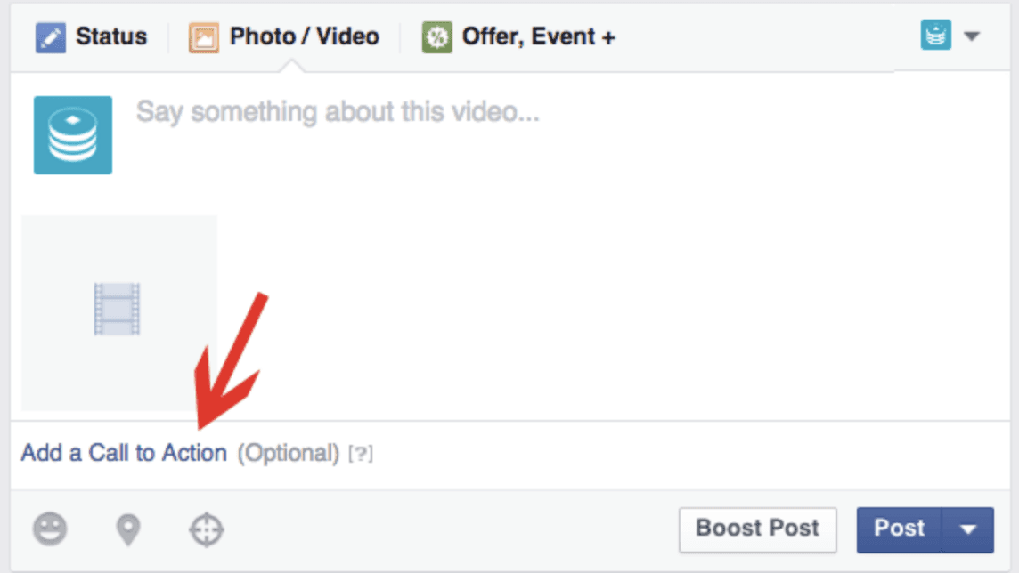 Facebook post composer with Status, Photo/Video, Offer/Event tabs and Call to Action field