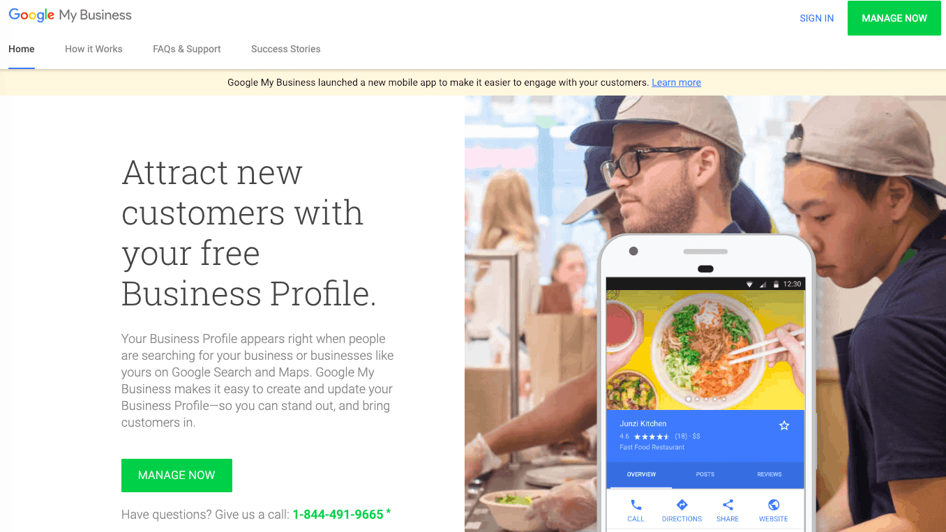 Google My Business homepage showing restaurant business profile on smartphone