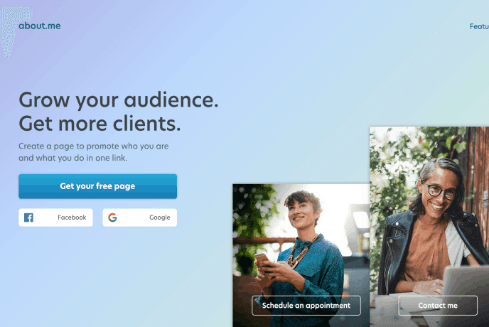 About.me landing page saying Grow your audience. Get more clients with Facebook and Google signup options