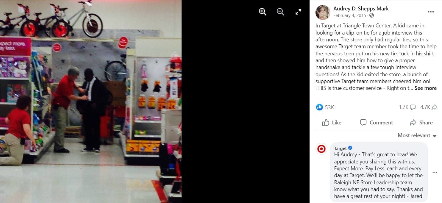 Facebook post describing positive customer service experience at Target