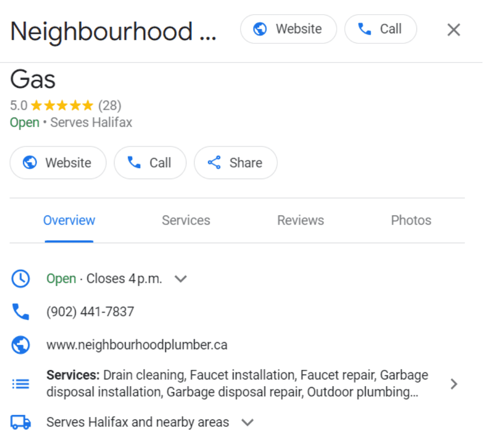 Google Business Profile for plumbing service with 5.0 star rating
