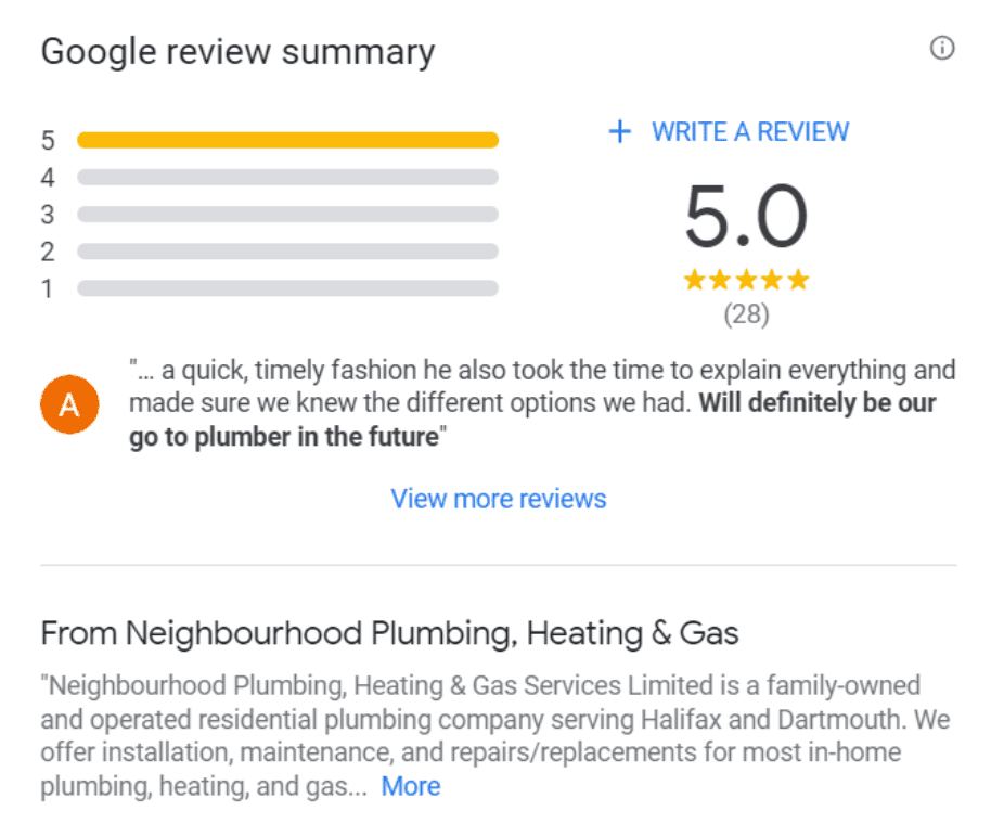 Google review summary with 5.0-star rating and testimonial for a plumbing company