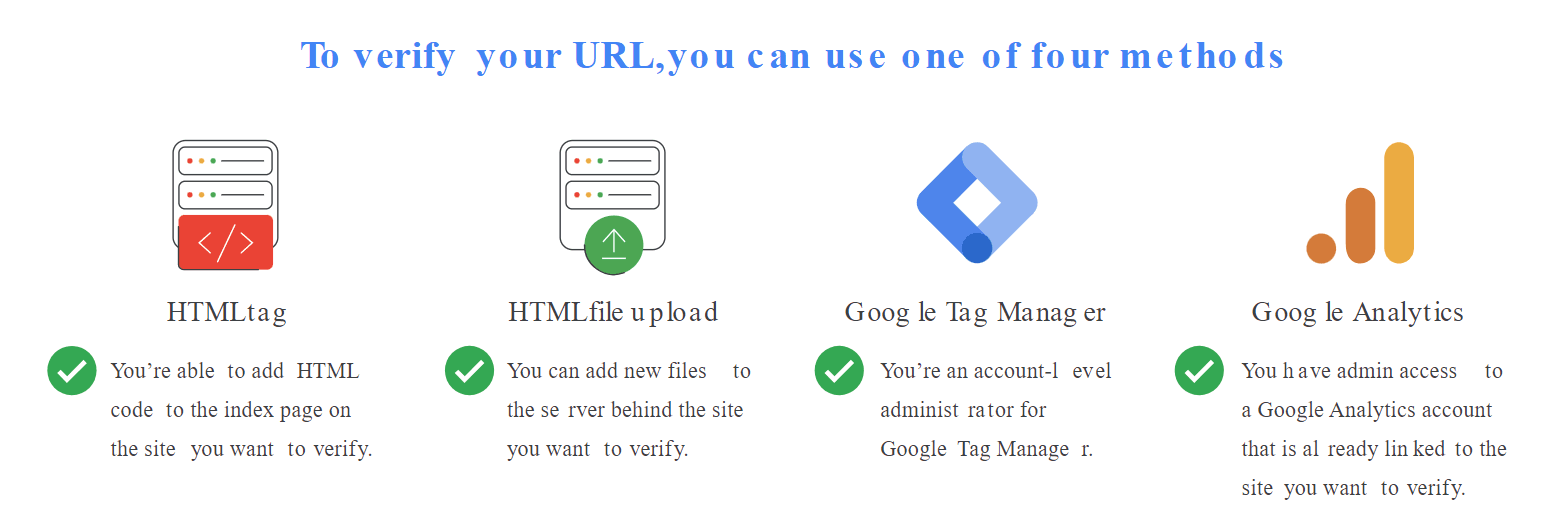 Website verification methods: HTML tag, file upload, Google Tag Manager, Analytics