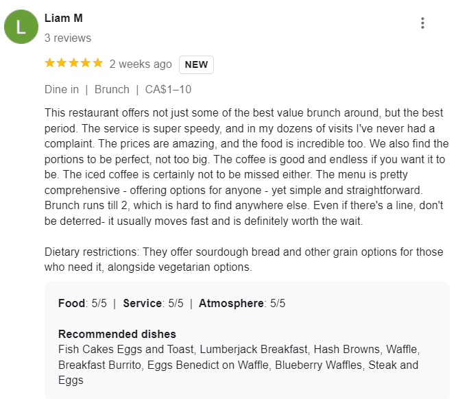 Five-star Google review praising restaurant food and customer service
