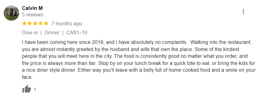 Five-star Google review from Calvin M praising a family-owned diner's food, prices, and service