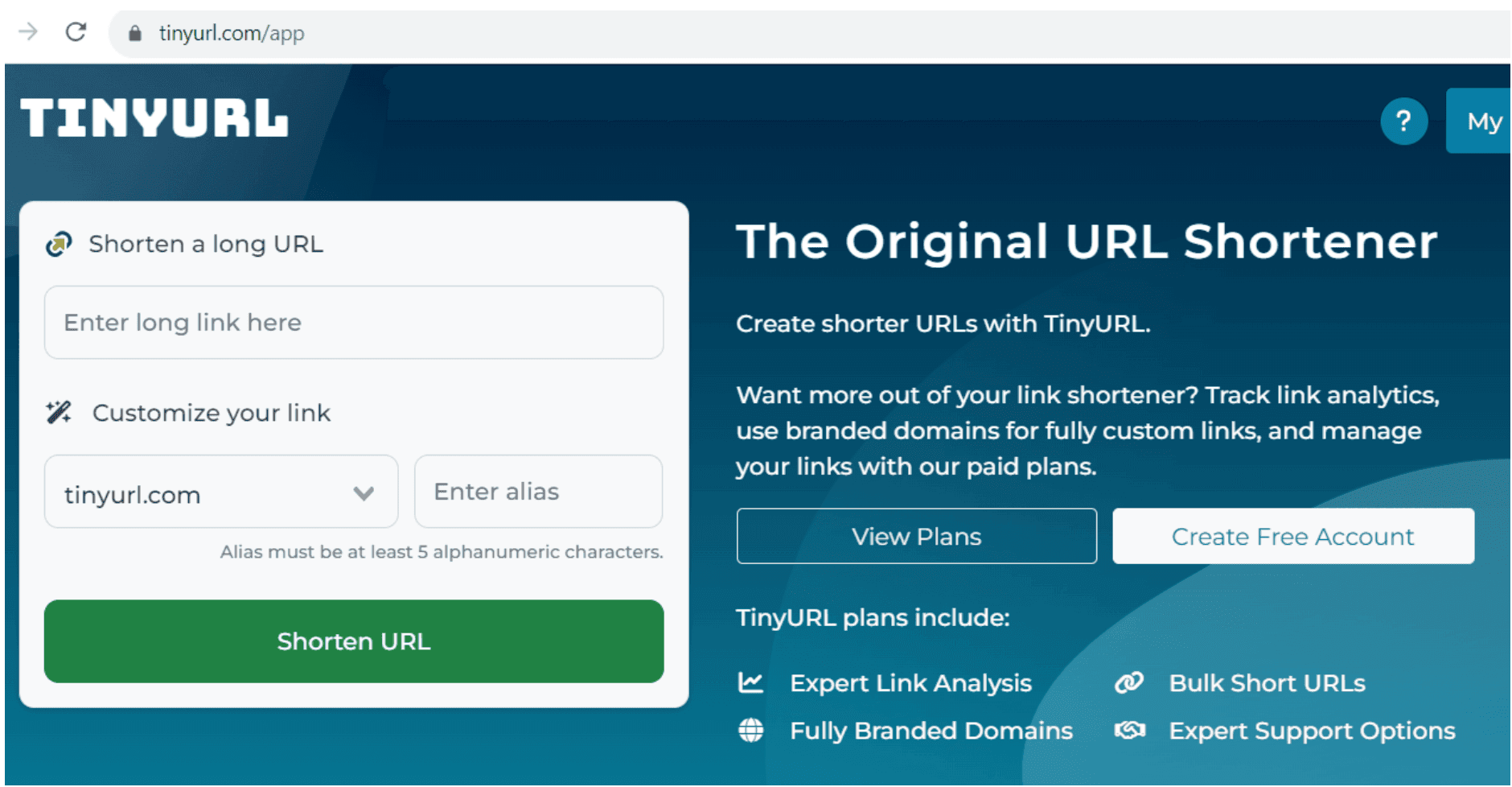 TinyURL shortener form interface with domain and alias options