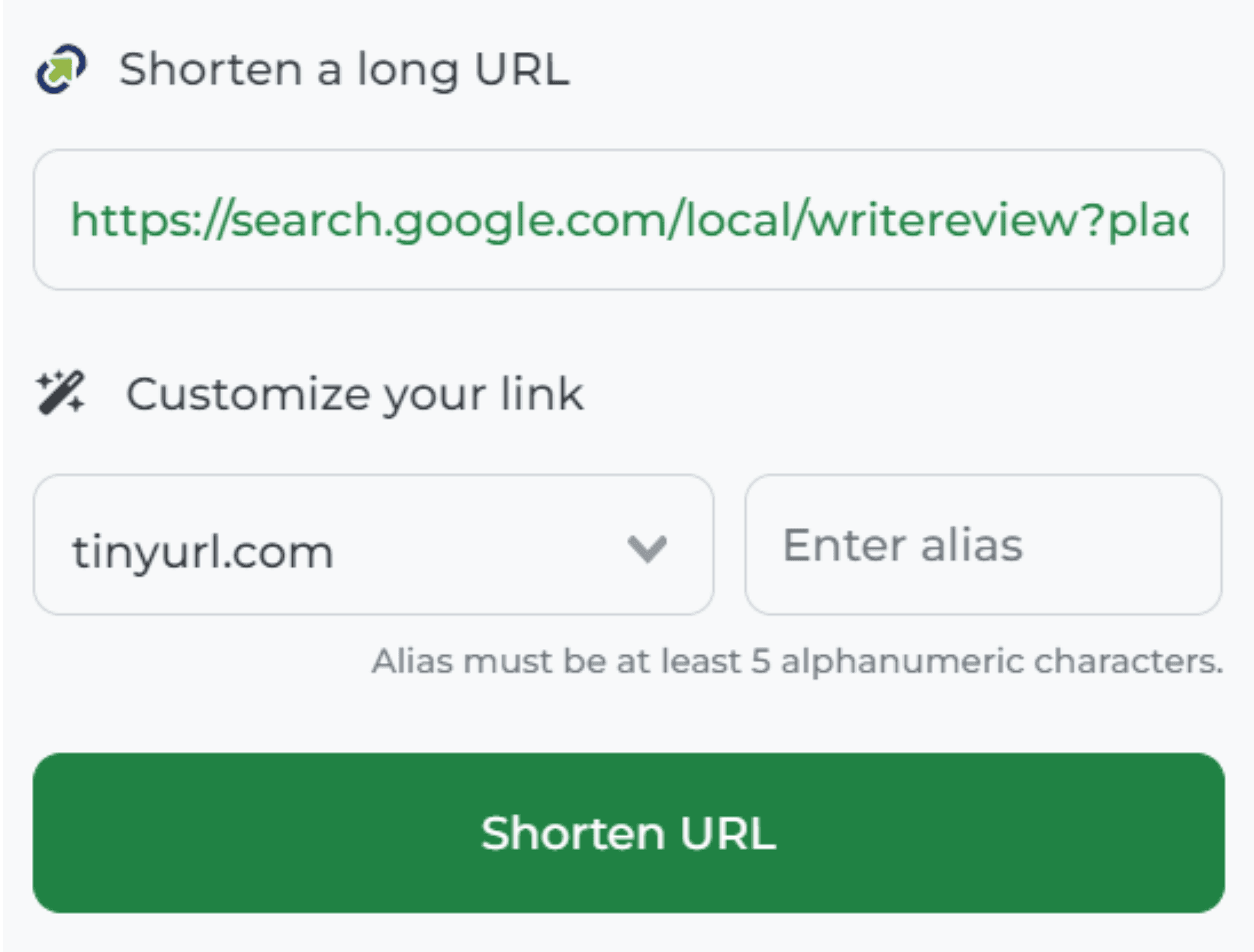 TinyURL form with a Google review link pasted in and the custom alias field still blank