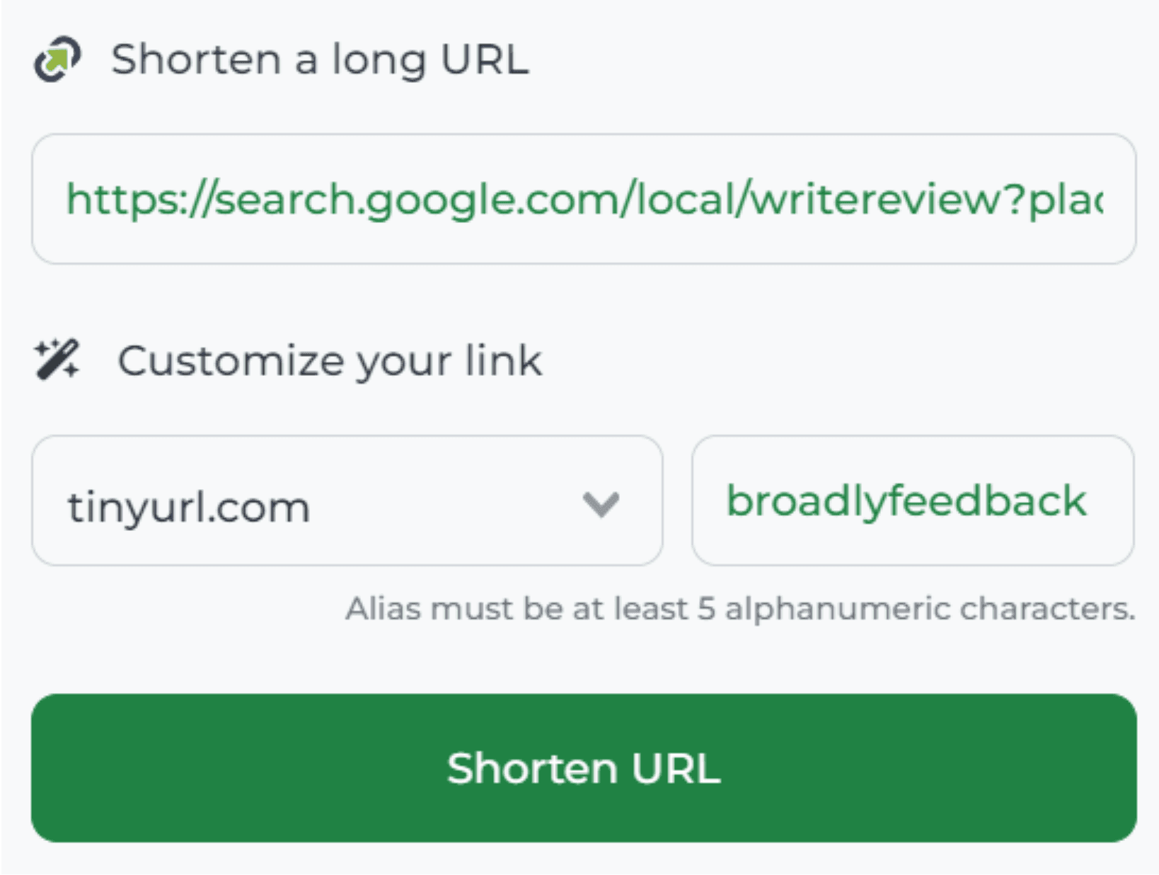 TinyURL form showing a Google review link with 'broadlyfeedback' entered as the custom alias