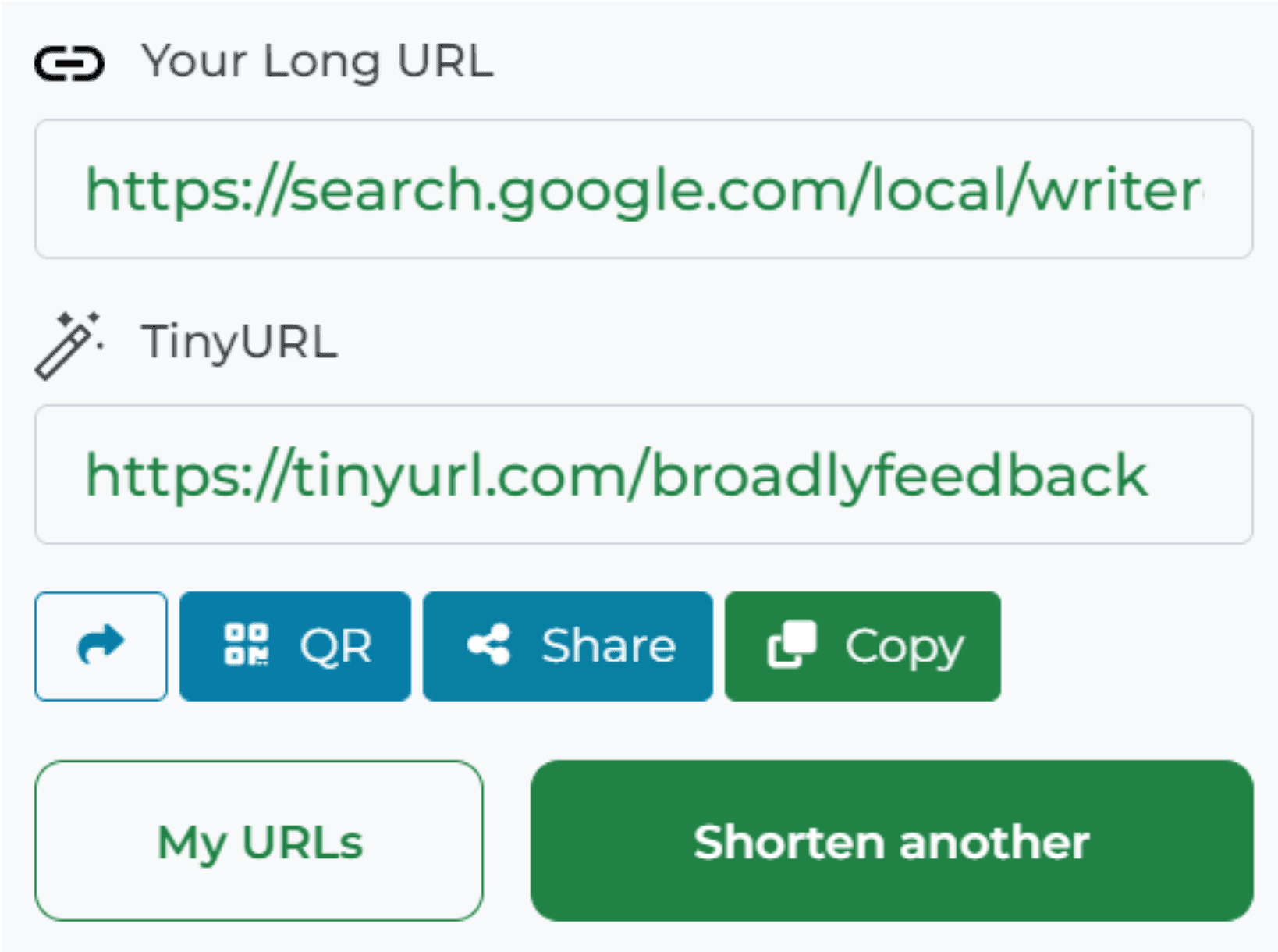 TinyURL results screen showing the tinyurl.com/broadlyfeedback link with QR, Share, and Copy buttons