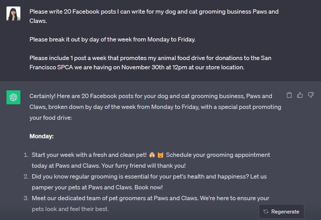 Chat conversation showing AI response generating 20 Facebook posts for pet grooming business