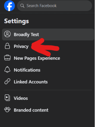 Facebook dark mode Privacy menu showing Page and Tagging option with red arrows indicating the selection