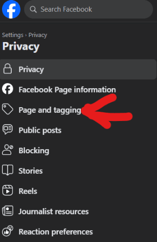 Facebook dark mode Privacy menu showing Page and tagging option indicated by a red arrow