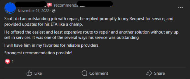 Facebook review post praising Scott's repair service for promptness and affordable solutions