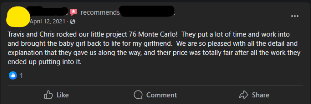 Facebook review complimenting Travis and Chris on their detailed work and fair pricing