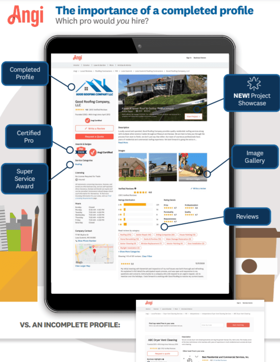 Angi Business Center profile comparison showing completed versus incomplete profile features