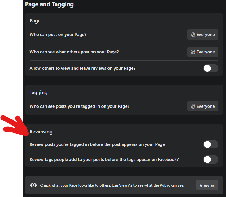 Facebook dark mode Page and Tagging settings with Reviewing section and review toggle options highlighted