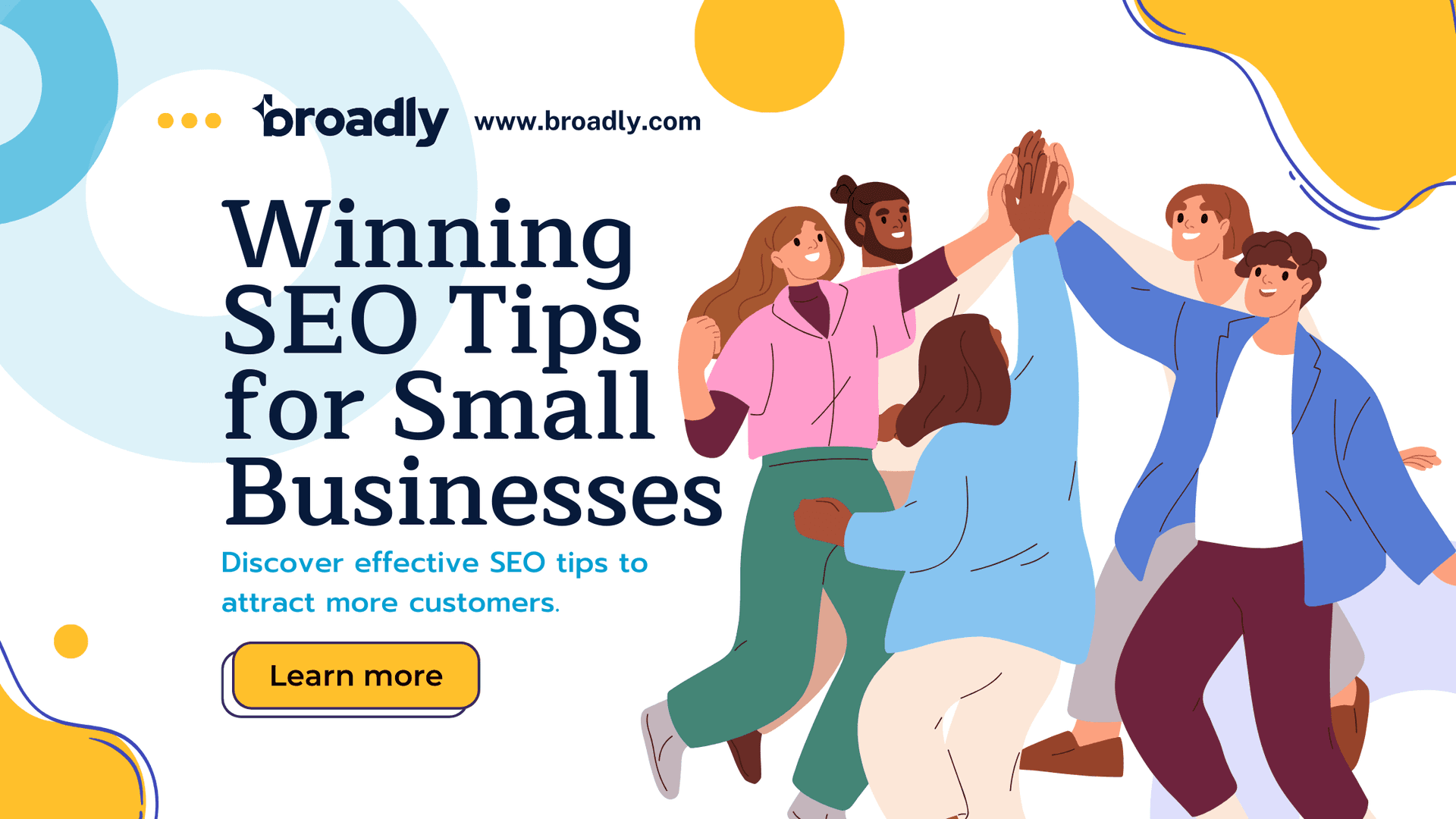 Diverse team celebrating with text about winning SEO tips to attract more customers