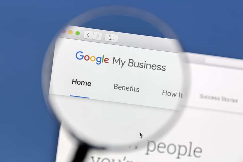 Google My Business homepage viewed through magnifying glass