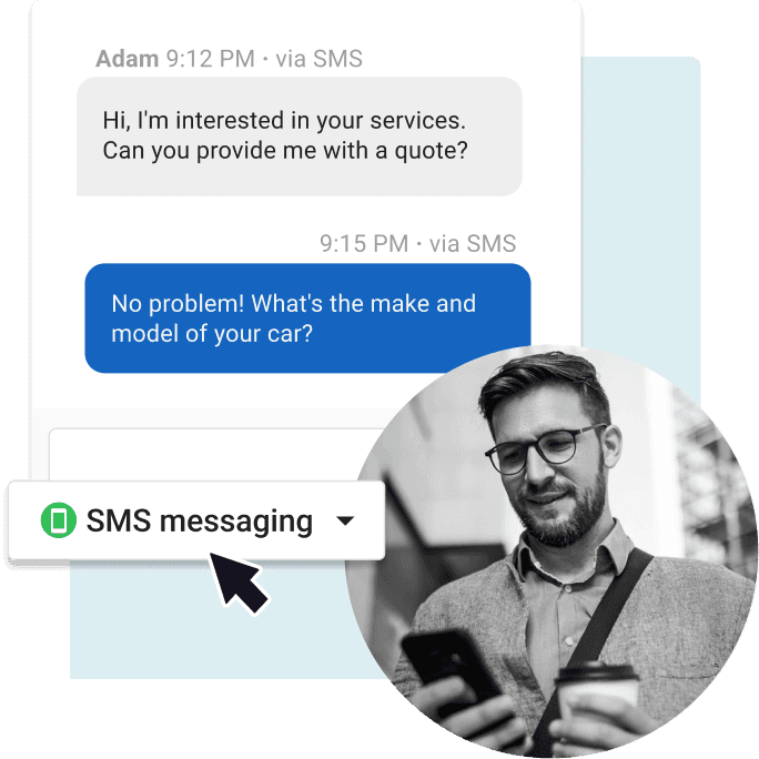SMS conversation between customer asking about services and business requesting car details for quote