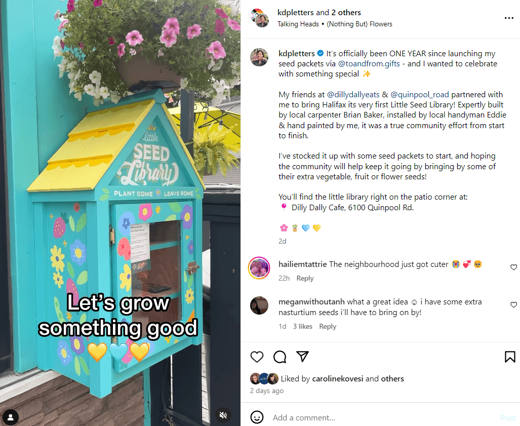 Instagram post featuring colorful turquoise seed library mailbox overflowing with blooming pink flowers