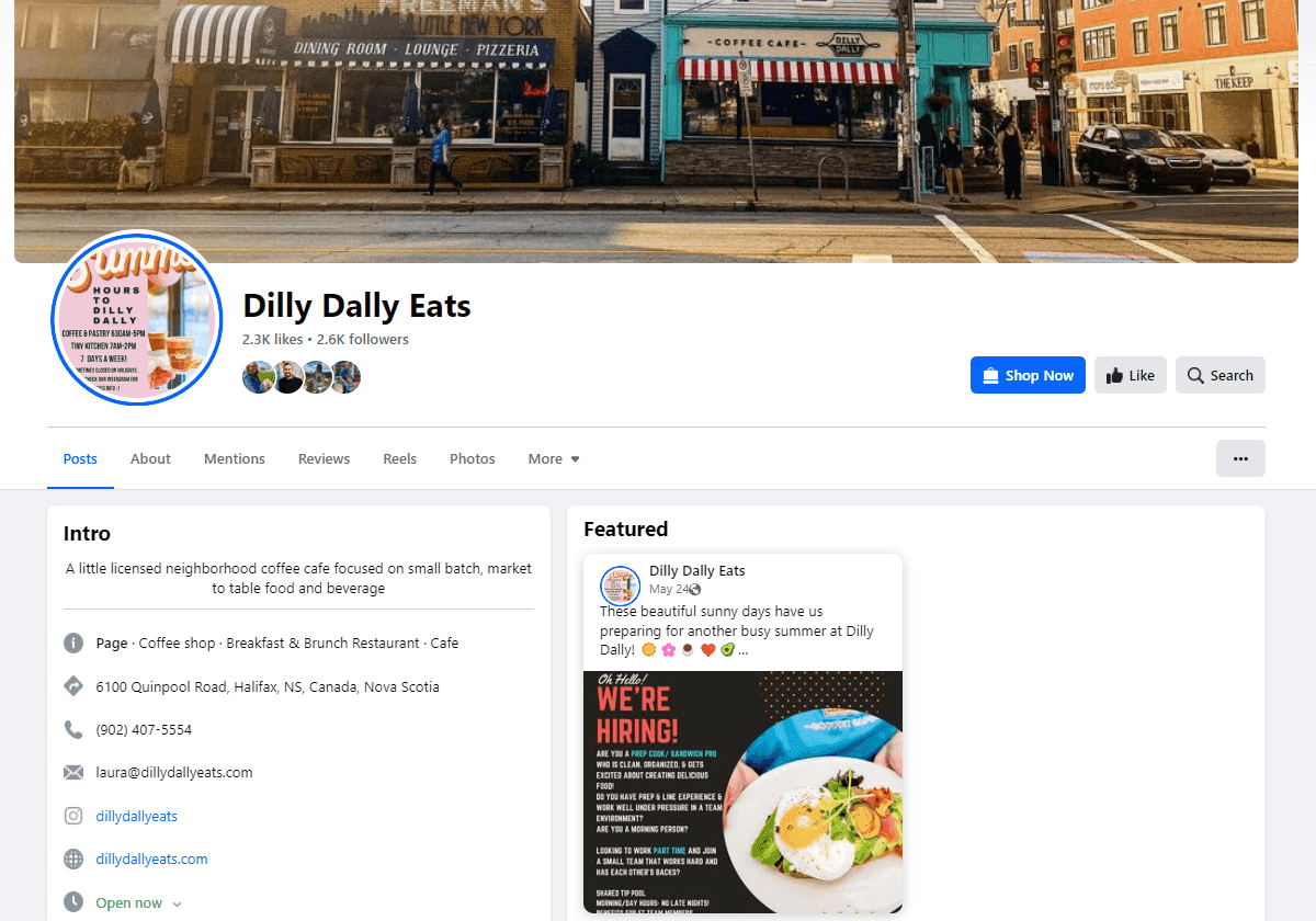 Facebook business page for Dilly Dally Eats cafe with profile info, engagement, and hiring announcement