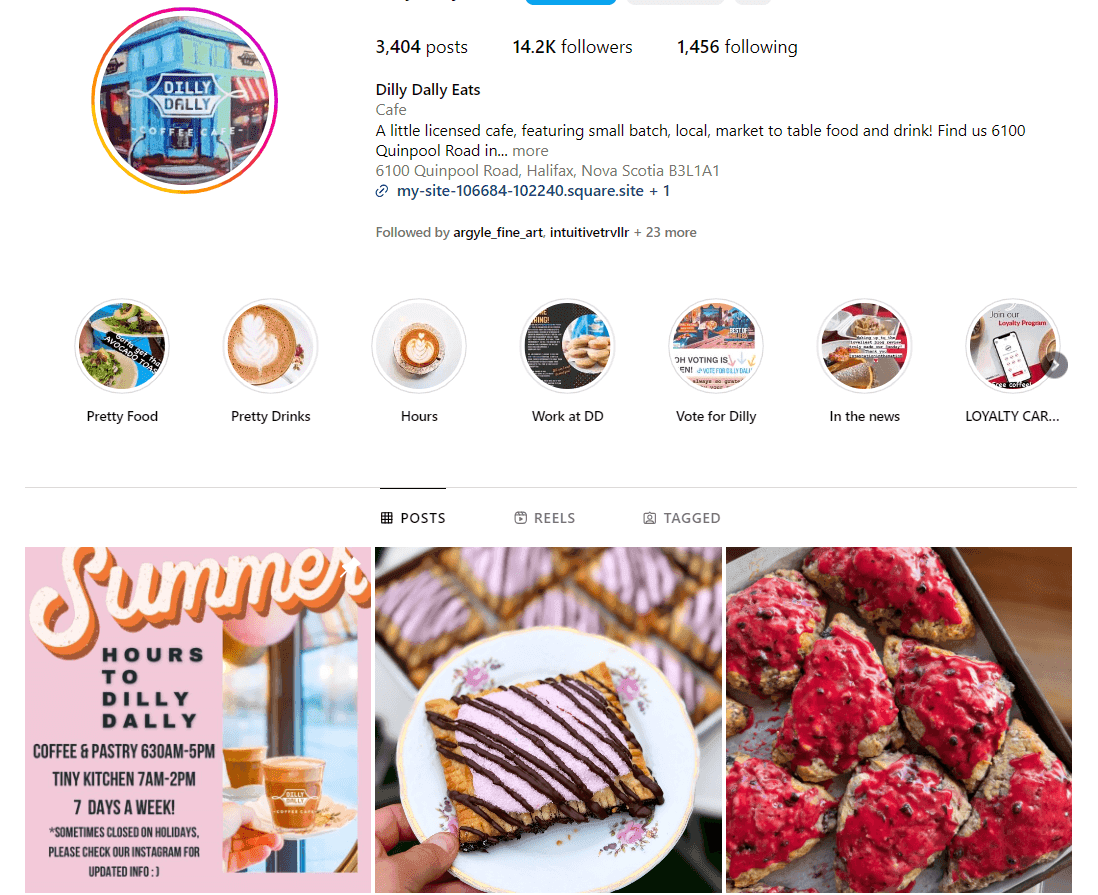 Instagram profile for Dilly Dally Eats showing 14.2K followers, content highlights, and recent posts