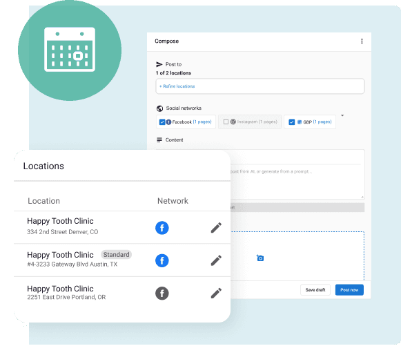 Multi-location social media management interface showing clinic branches and assigned networks
