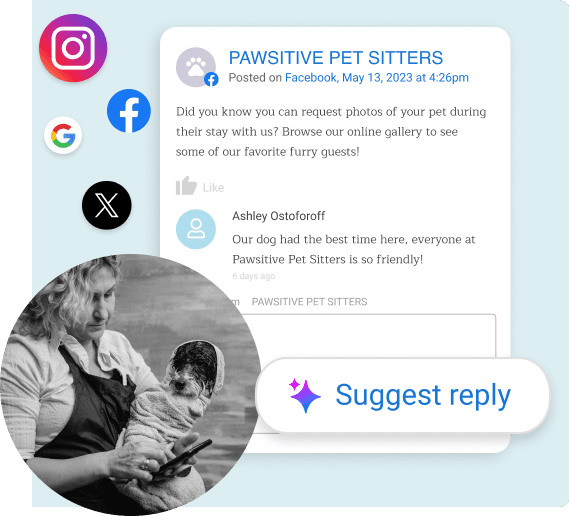 Social media engagement interface showing pet sitter post with customer review and AI-suggested reply feature