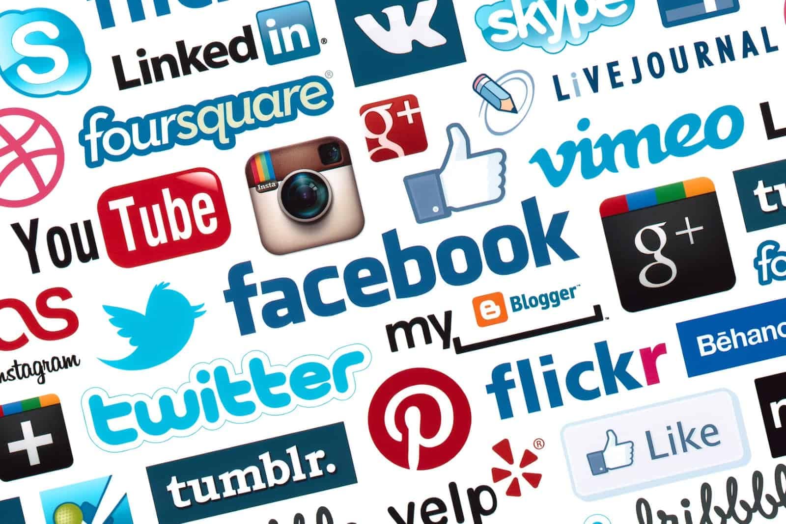 Collection of social media platform logos including Facebook, Twitter, Instagram, LinkedIn, YouTube
