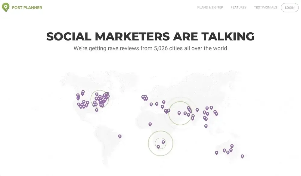Post Planner webpage showing global map with location data