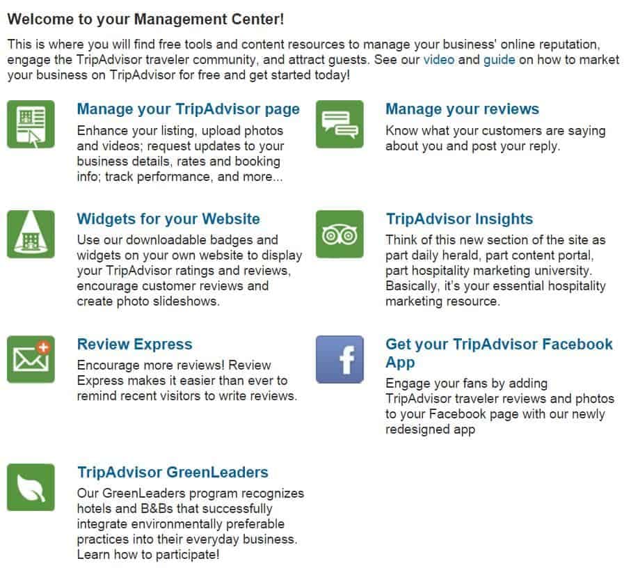 TripAdvisor Management Center welcome page showing business tools and resources