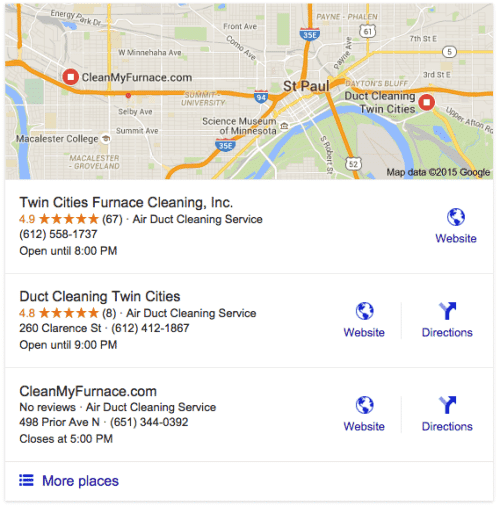 Google Maps search results for duct cleaning services in Twin Cities area