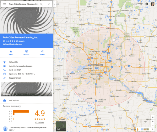 Google Maps showing Twin Cities Furnace Cleaning location with 4.9-star rating